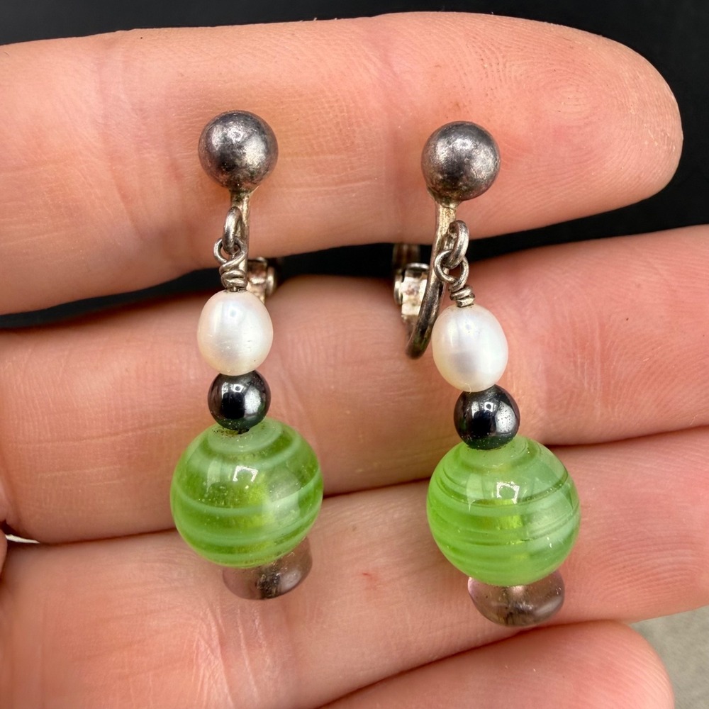 Vintage Beaded Clip On Earrings Green Glass Sterling Silver Signed